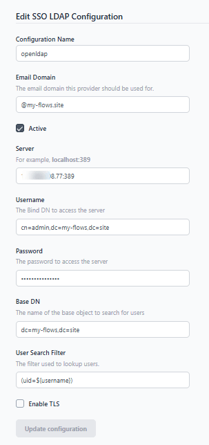 "Screenshot showing the advance form to create ldap sso configuration"